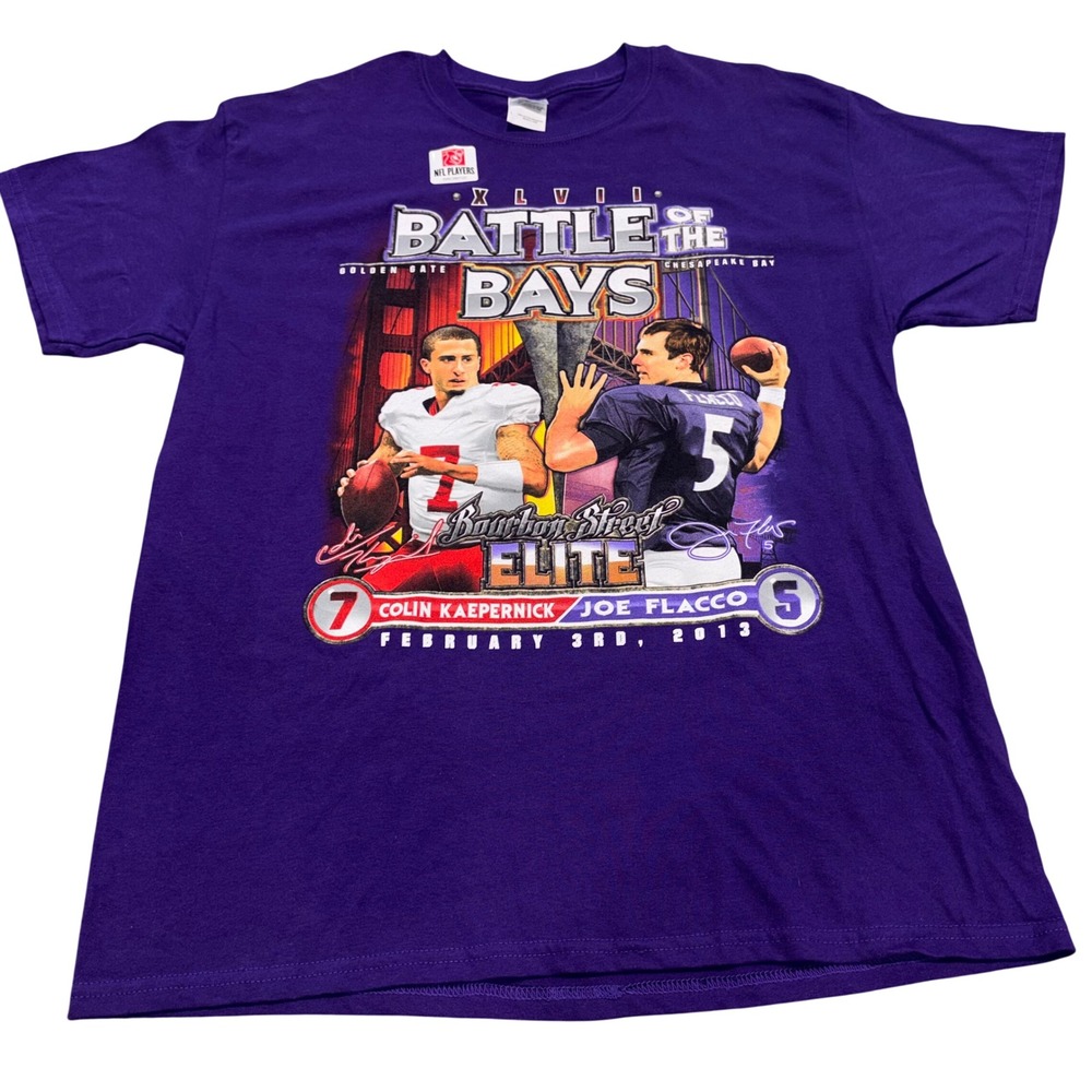 T-Shirt Mens L Purple Super Bowl XLVII Battle of the Bays Kaepernick Flacco Tee